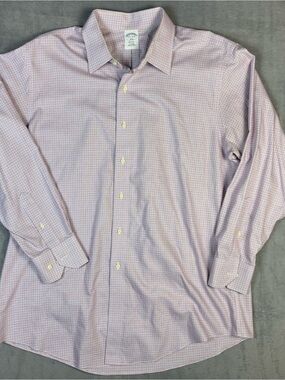 Brooks Brothers Regent 1818 Dress Shirt 17.5 Pink Blue Tattersall Plaid Non-Iron